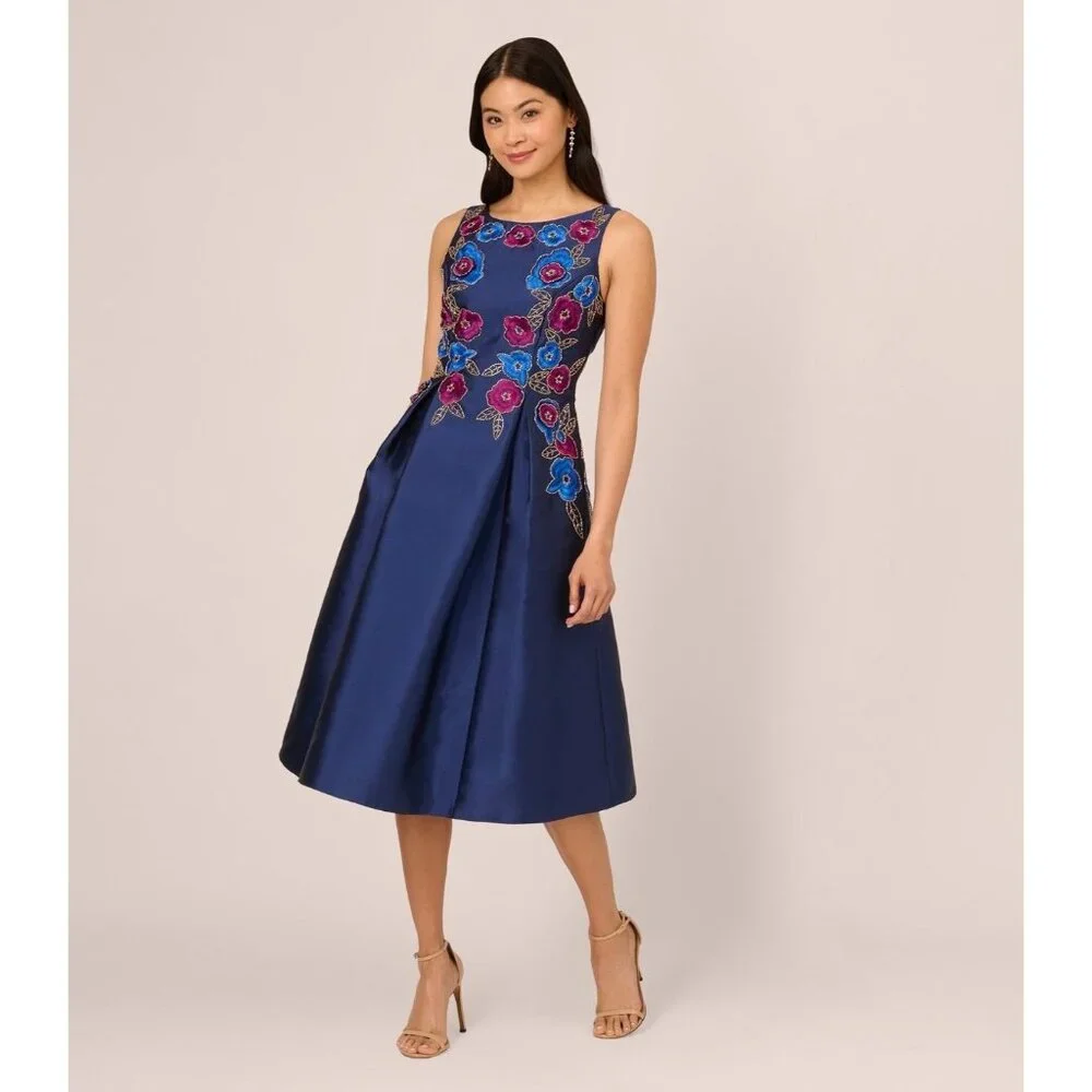 249$ Adrianna Papell Beaded Embroidered Mikado Fit & Flare Dress Size 10 Navy